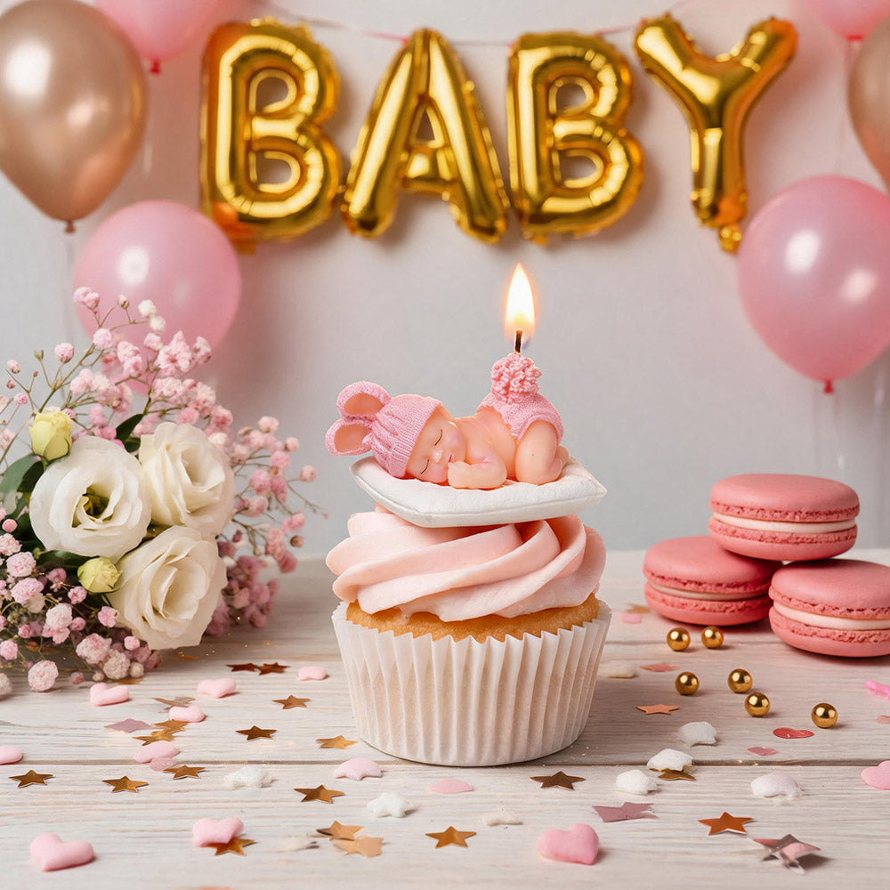 Pink Baby Shower Candle Favors – Sleeping Baby Cake Topper